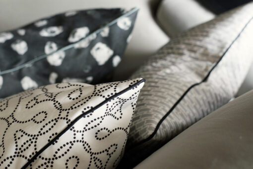 Pillows on Chaise - Terciopelo in Paloma, Eme in Carbon, Vista Hermosa in Carbon, Pirita in Carbon